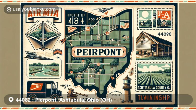 Modern illustration of Pierpont Township, Ashtabula County, Ohio, showcasing postal theme with ZIP code 44082, featuring rural landscape, airmail envelope, postmarks, stamps, and vintage mail elements.