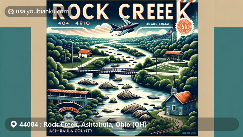 Modern illustration of Rock Creek, Ohio, capturing the essence of ZIP code 44084 with a postcard-inspired design featuring lush greenery, Lake Roaming Rock, covered bridges, and postal elements.