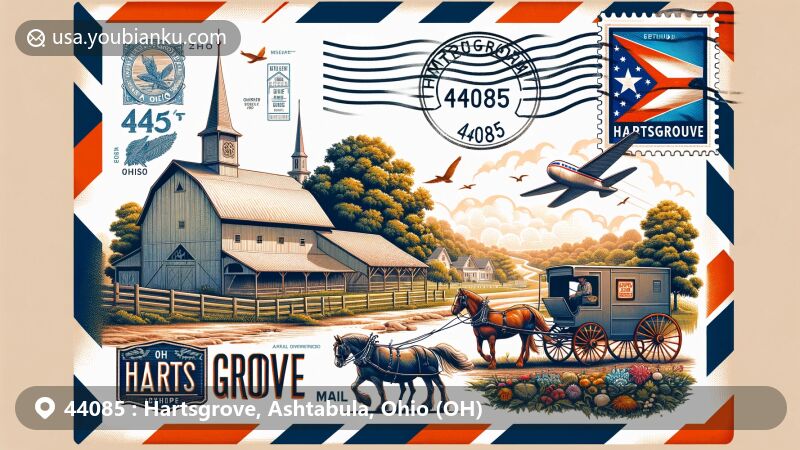 Modern illustration of Hartsgrove, Ohio, ZIP code 44085, featuring vintage airmail envelope design with local landmarks like The Barn at Hart's Grove, Amish carriage, and nature elements.
