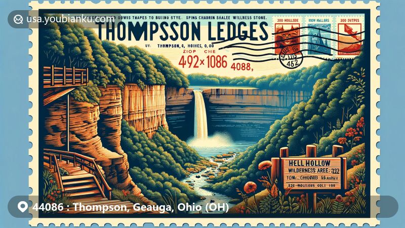 Modern illustration of Thompson Ledges and Hell Hollow Wilderness Area in Thompson, Ohio, showcasing natural beauty, ZIP code 44086, and postal elements like stamps and postmark.