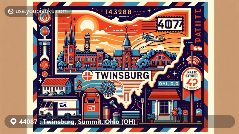 Modern illustration of Twinsburg, Ohio, focusing on ZIP code 44087, with a creative design incorporating state and county outlines, Twinsburg landmarks like Historical Society and Twins Days elements, and postal symbols.