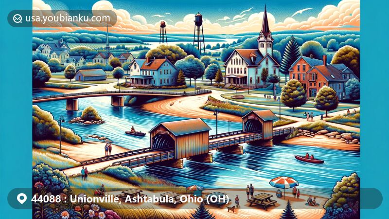 Modern illustration of Unionville, Ashtabula County, Ohio, highlighting historic Unionville Tavern and Ashtabula County covered bridges, set against the backdrop of Walnut Beach Park with views of Lake Erie.