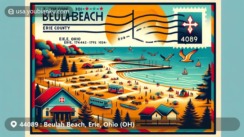 Modern illustration of Beulah Beach, Erie, Ohio, highlighting serene retreat on Lake Erie shore with camp and retreat center activities focused on nature and spirituality, featuring vibrant postcard design with ZIP code 44089, Erie County outline, and Ohio state flag.