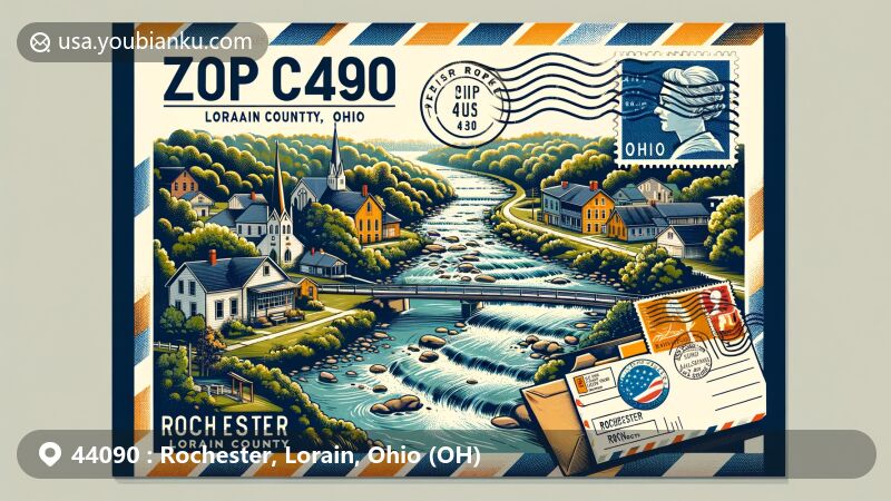 Modern illustration of Rochester, Lorain County, Ohio, capturing the essence of ZIP code 44090 with the West Branch of Black River and airmail theme, featuring vintage postcard and Ohio state flag.