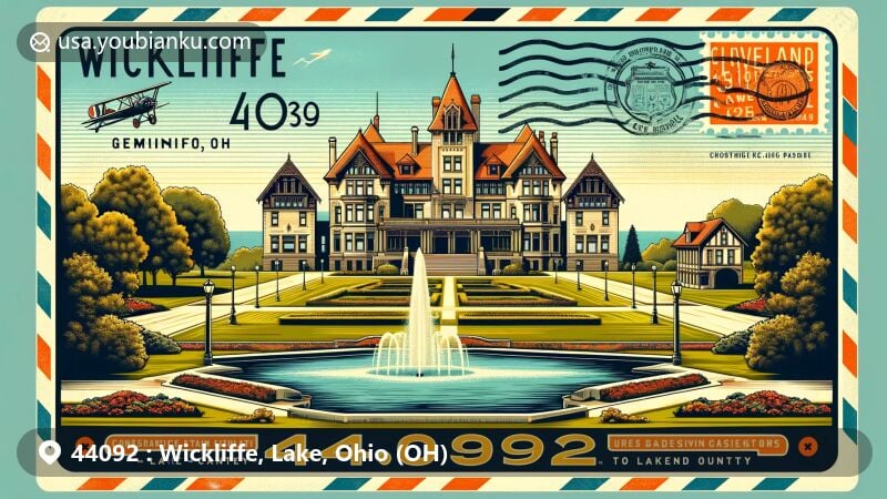 Modern illustration of Wickliffe, Lake, Ohio, showcasing Harry Coulby Mansion, Coulby Park, and the 'Gateway to Lake County' identity, framed in a vintage air mail envelope with art deco border.