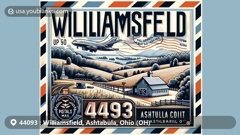 Modern illustration of Williamsfield, Ashtabula County, Ohio, with postal-themed background showcasing rural and natural characteristics of northeastern Ohio, featuring state flag and postal elements like stamp and ZIP Code 44093.
