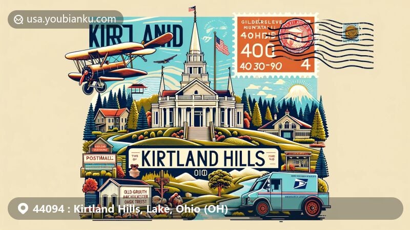 Modern illustration of Kirtland Hills, Lake County, Ohio, featuring Kirtland Temple, Chagrin River, Gildersleeve Mountain, and ancient oak-hickory forests, with airmail envelope, postage stamp with ZIP Code 44094, postmark, and vintage postal truck.