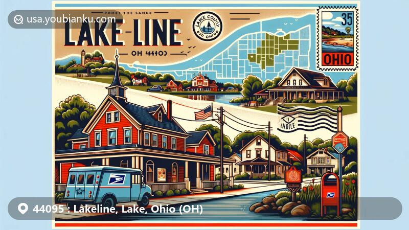 Modern illustration of Lakeline, Ohio, in Lake County, featuring postal theme with vintage postcard elements, postmark 'Lakeline, OH 44095,' and Ohio map outline, capturing small village charm and community spirit.
