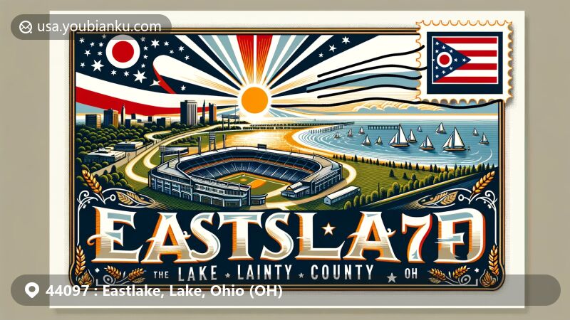 Modern illustration of Eastlake, Ohio, featuring Classic Park, Lake Erie shoreline, and Ohio state seal with elements like Scioto river, Mount Logan, and a sheaf of wheat, showcasing ZIP code 44097 and American flag in the background.
