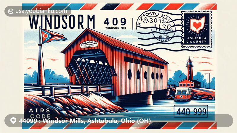 Modern illustration of Windsor Mills, Ashtabula County, Ohio, featuring the iconic Covered Bridge and Ohio state flag, with ZIP code 44099 highlighted on a airmail envelope.