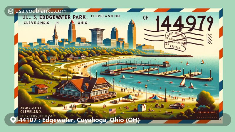 Modern illustration of Edgewater Park in Cuyahoga County, Ohio, capturing the natural beauty against the backdrop of Cleveland skyline, featuring shoreline, beaches, boat ramps, fishing pier, picnic areas, and iconic Cleveland sign, integrated with postal elements like stamp, postmark, and envelope texture.