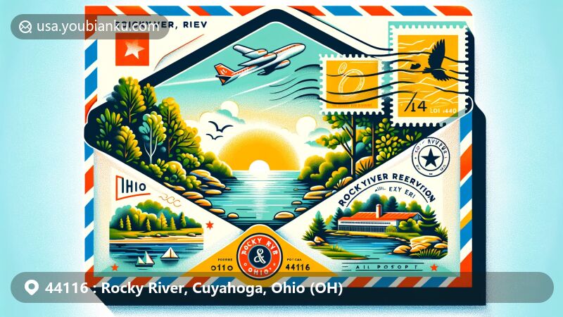 Modern illustration of Rocky River, Ohio, combining iconic elements with postal themes, showcasing lush greenery of Rocky River Reservation and serene Lake Erie, featuring city name and ZIP code 44116, and Ohio's outline with a star.