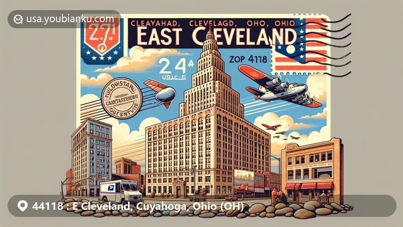 Modern illustration of East Cleveland, Cuyahoga, Ohio, featuring Heights Rockefeller Building and postal themes, with bluestone backdrop symbolizing early quarry industry. Includes Euclid Golf Allotment and vintage airmail envelope design with ZIP code 44118 and Ohio state flag stamp.