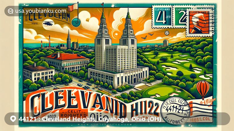 Modern illustration of Cleveland Heights, Ohio, highlighting the Heights Rockefeller Building and Euclid Golf Allotment, with lush greenery and historic architecture, featuring postal elements like stamp and postmark.