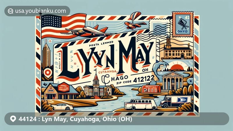 Modern illustration of Lyn May, Cuyahoga, Ohio, showcasing postal theme with ZIP code 44124, featuring natural landscapes, cultural landmarks, and Ohio state symbols.