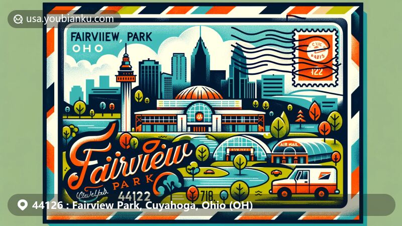 Modern illustration of Fairview Park, Cuyahoga, Ohio, with postal theme featuring ZIP code 44126, showcasing Westgate Mall and Cleveland Metroparks Rocky River Reservation.