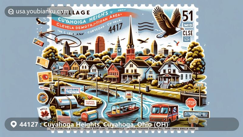 Modern illustration of Cuyahoga Heights, Ohio, reflecting cultural diversity with Polish, Italian, and German influences, showcasing postal theme with ZIP code 44127. Features air mail envelope design, stamps of Ohio & Erie Canal, and bald eagle sightings.