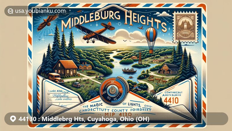 Modern illustration of Middleburg Heights, Ohio, showcasing ZIP code 44130 area in postcard format, featuring Lake Abram, Magic of Lights event, and historical connection to Connecticut Western Reserve.