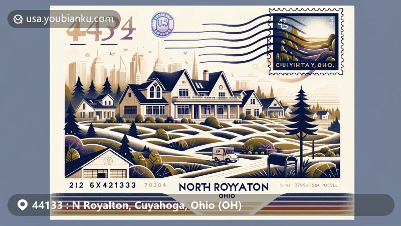 Modern illustration of N Royalton, Ohio, showcasing postal theme with ZIP code 44133, featuring suburban tranquility and Cuyahoga County symbols like the local library branch.