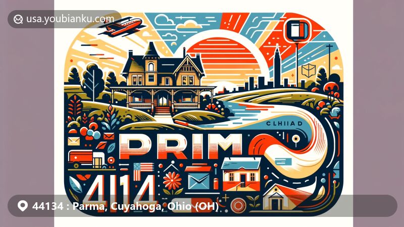Modern illustration of Parma, Ohio, Cuyahoga County, featuring postal theme with ZIP code 44134, showcasing Henninger House, green spaces, suburban vibe, and Cleveland skyline silhouette.