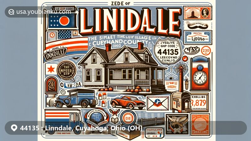 Modern illustration of Linndale Village in Cuyahoga County, Ohio, showcasing unique postal theme with ZIP code 44135, highlighting historical significance and Ohio state symbols.