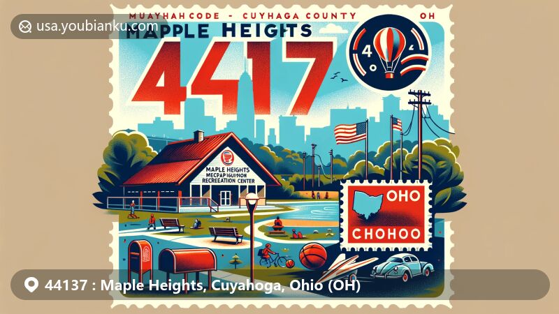 Modern illustration of Maple Heights, Cuyahoga County, Ohio, with ZIP code 44137, showcasing local charm and postal theme, featuring Maple Heights Recreation Center, Stafford Park, Ohio and Cuyahoga County silhouettes, vintage air mail envelope, postage stamp with ZIP code, and red mailbox.