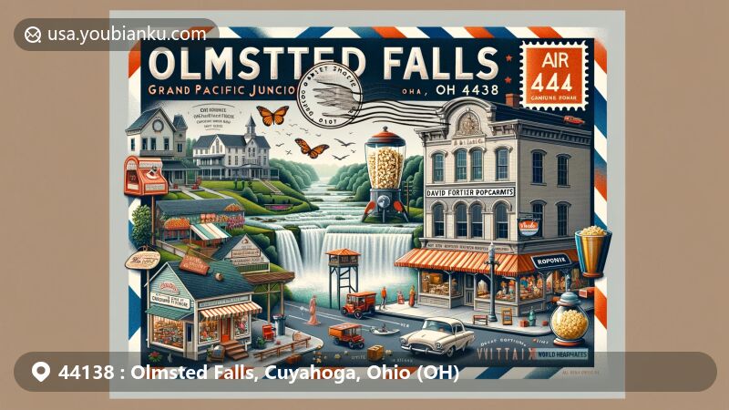Modern illustration of Olmsted Falls, Ohio, highlighting Grand Pacific Junction Historic Shopping District, Rocky River falls, and Vitamix World Headquarters.