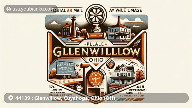 Modern illustration themed around postal elements for Glenwillow, Cuyahoga, Ohio, ZIP code 44139, featuring Austin Powder Company, Pettibone Park, and Cuyahoga County map.