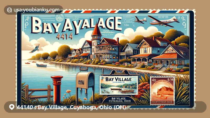 Modern illustration of Bay Village, Cuyahoga, Ohio, blending lakeside serenity with local history and cultural landmarks, featuring BAYarts campus, historic train station now Chatty's Pizzeria, and Huntington House, incorporating postal elements like air mail envelope, vintage stamps, postmark with ZIP code 44140, and red mailbox.