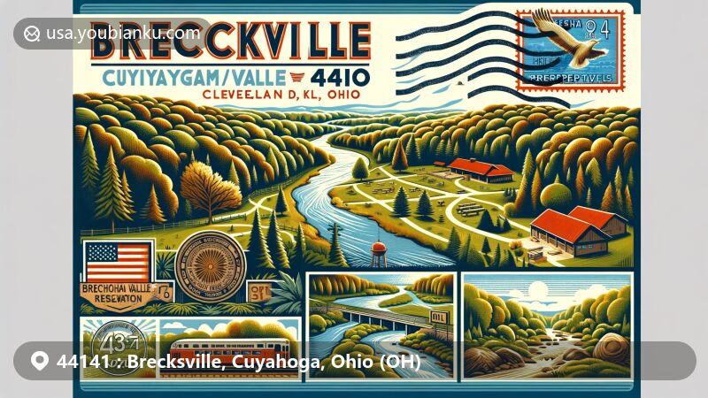 Modern illustration of Brecksville, Ohio, in Cuyahoga County, highlighting postal theme with ZIP code 44141, featuring Cuyahoga Valley National Park, Brecksville Reservation, Chippewa Creek, and natural landscapes.