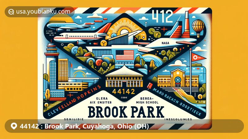 Modern illustration of Brook Park, Ohio, showcasing postal theme with ZIP code 44142, featuring Cleveland Hopkins International Airport, Berea City School District, and Ohio state flag.