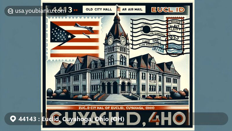 Modern illustration of Euclid, Cuyahoga, Ohio, showcasing postal theme with ZIP code 44143, featuring Old City Hall with Euclid bluestone, flag of Euclid, Ohio, and Lake Erie shore.