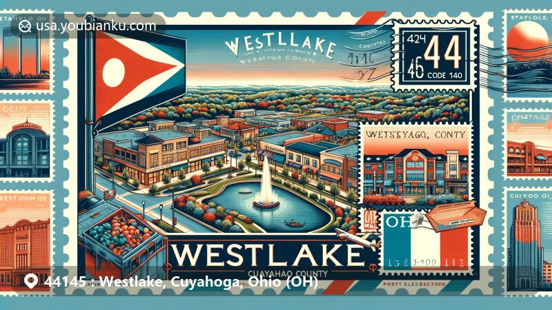 Modern illustration of Westlake, Cuyahoga County, Ohio, showcasing postal theme with ZIP code 44145, featuring Crocker Park and Ohio state symbols.