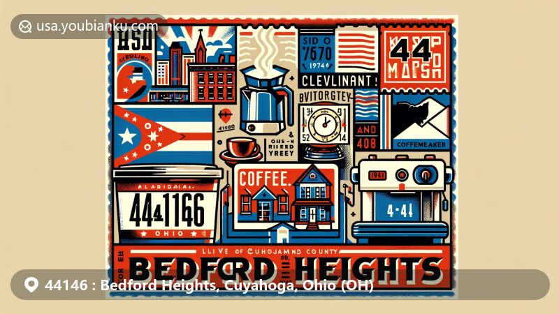 Modern illustration of Bedford Heights, Cuyahoga County, Ohio, showcasing postal theme with ZIP code 44146, featuring Ohio state flag, Cuyahoga County outline, and Mr. Coffee coffeemaker nod.