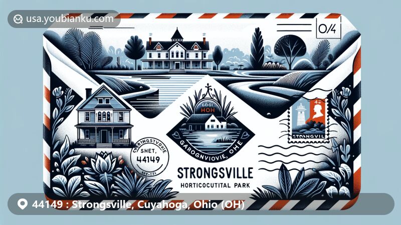 Creative illustration of Strongsville, Ohio, featuring air mail envelope with Gardenview Horticultural Park and Pomeroy House, incorporating postal theme with iconic landmarks and postmark symbolizing historical significance.