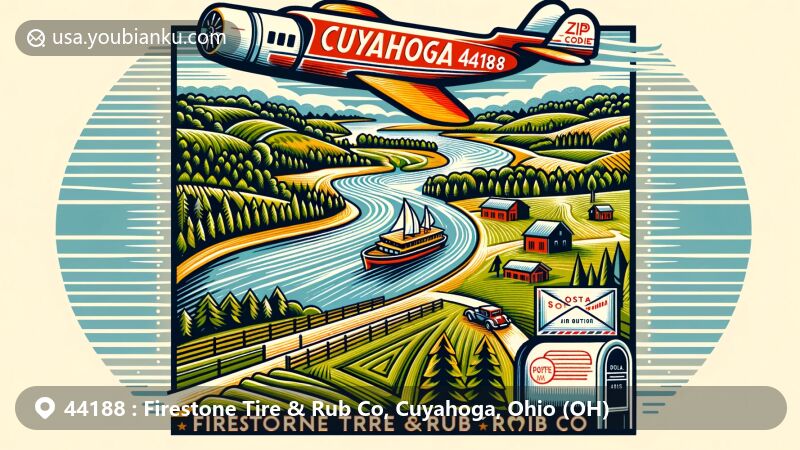 Modern illustration of Firestone Tire & Rub Co area in Cuyahoga, Ohio, featuring postal theme with ZIP code 44188, showcasing Cuyahoga Valley National Park, lush forests, rolling hills, farmlands, and Cuyahoga River.