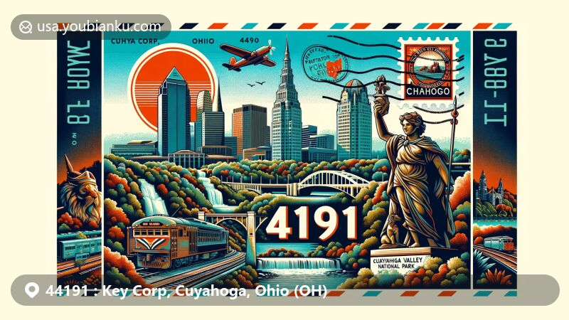 Modern illustration of Key Corp, Cuyahoga County, Ohio (OH), featuring ZIP code 44191, showcasing Key Tower, Guardians of Traffic statues, Cuyahoga Valley National Park, Brandywine Falls, air mail envelope design, postal stamp, and postmark.