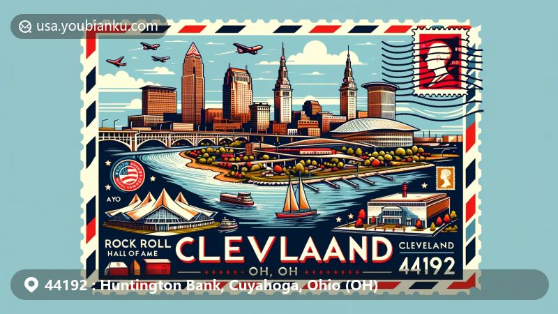 Modern illustration of Cleveland, Ohio, showcasing postal theme with ZIP code 44192, featuring iconic skyline with Key Tower, Rock and Roll Hall of Fame, and Lake Erie.