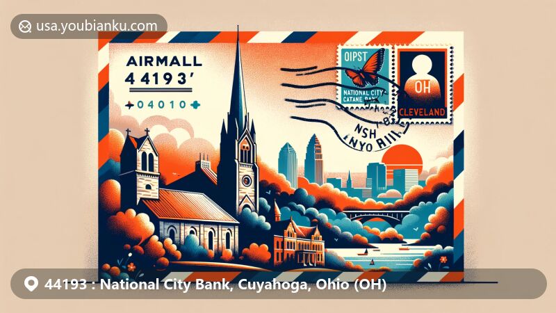 Modern illustration of Cuyahoga Valley National Park and Cleveland landmarks, merging postal theme with ZIP code 44193, featuring airmail envelope and iconic regional symbols.