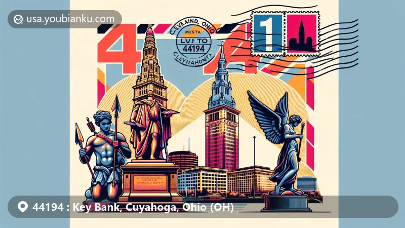 Modern illustration of Cleveland, Ohio, featuring Key Tower, Guardians of Traffic statues, and the ZIP code 44194, with a postcard design incorporating postal elements like stamps and postmark.