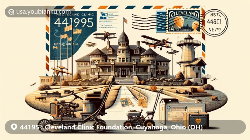 Modern illustration of the Cleveland Clinic and the Drury Mansion in 44195 ZIP code area, showcasing postal theme with vintage air mail elements and medical innovation.