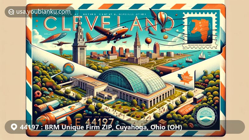 Modern illustration of Cleveland, Ohio, showcasing landmarks like the Museum of Natural History and the Botanical Garden within a vintage airmail envelope, emphasizing communication and exploration.