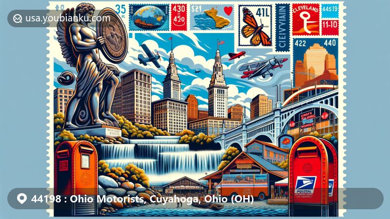 Modern illustration of Cleveland, Ohio, showcasing postal theme with ZIP code 44198, featuring Guardians of Traffic statues, Brandywine Falls, West Side Market, and vintage postal elements.