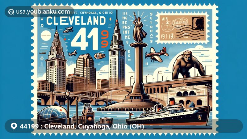 Modern illustration showcasing Cleveland, Ohio, with Key Tower, Guardians of Traffic, USS Cod, and West Side Market. Postal theme includes ZIP code 44199 and air mail elements.