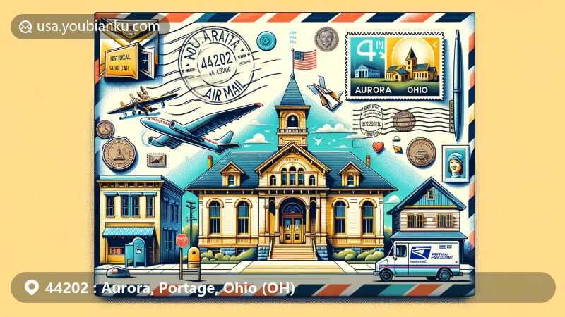 Modern illustration of Aurora, Portage County, Ohio, portraying air mail envelope with District Schoolhouse No. 5 and historical downtown buildings, stamp with ZIP code 44202, Aurora's landmarks, postmark, and postal elements.