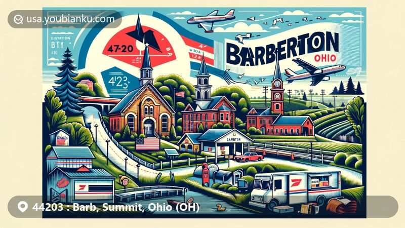 Creative illustration of Barberton, Summit, Ohio, incorporating landmarks and cultural symbols with postal elements, showcasing ZIP code 44203 and community features.