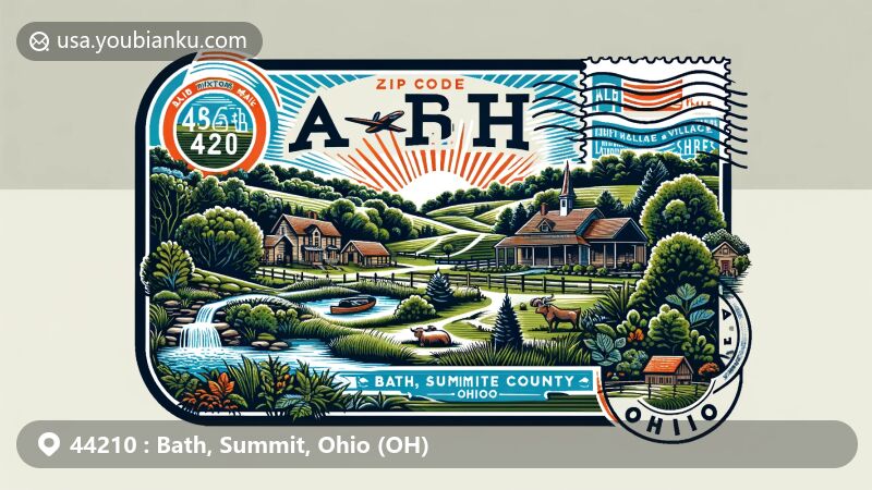 Modern illustration of Bath, Summit County, Ohio, featuring Bath Nature Preserve and Hale Farm & Village, highlighting diverse landscapes and historical charm.