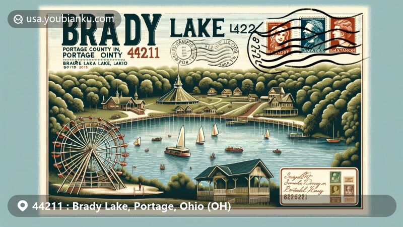 Modern illustration of Brady Lake, Portage County, Ohio, showcasing natural beauty and historical significance, featuring Captain Samuel Brady legend, vintage amusement park, and creative postal theme with ZIP code 44211.