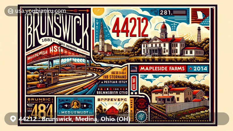 Modern illustration of Brunswick, Medina County, Ohio, showcasing postal theme with ZIP code 44212, featuring Mapleside Farms, founded in 1815, and highlighting Brunswick's community and landmarks.