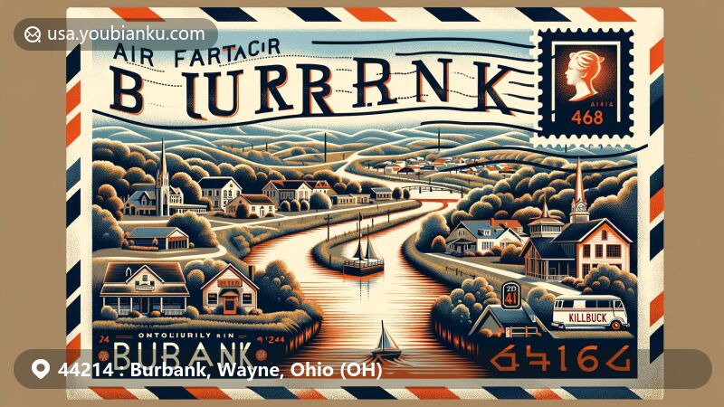 Modern illustration of Burbank, Wayne County, Ohio, highlighting postal theme with ZIP code 44214, featuring Killbuck Creek and founding year 1868.